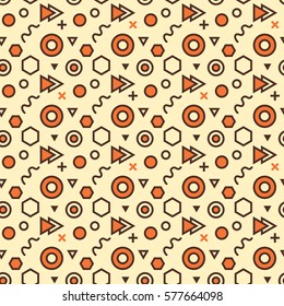 Trendy abstract geometric seamless pattern. Retro 80s or 90s memphis style. Vector hipster background with hexagons, triangles, circles, lines. 