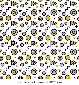 Trendy abstract geometric seamless pattern. Retro 80s or 90s memphis style. Vector hipster background with hexagons, triangles, circles, lines. 