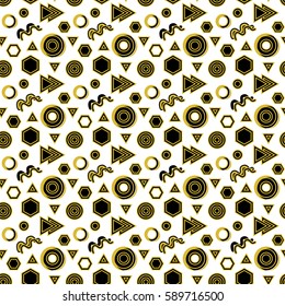 Trendy abstract geometric seamless pattern. Retro 80s or 90s memphis style. Vector hipster background with hexagons, triangles, circles, lines. 