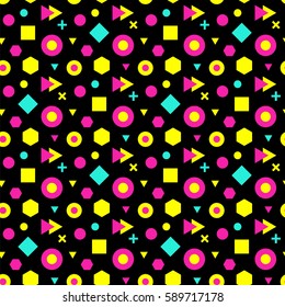 Trendy abstract geometric seamless pattern. Retro 80s or 90s memphis style. Vector hipster background with hexagons, triangles, circles.