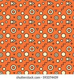 Trendy abstract geometric seamless pattern. Retro 80s or 90s memphis style. Vector hipster background with hexagons, triangles, circles, lines. 