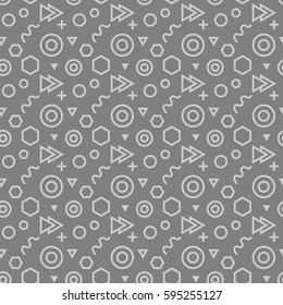 Trendy abstract geometric seamless pattern. Retro 80s or 90s memphis style. Vector hipster background with hexagons, triangles, circles, lines.