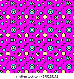 Trendy abstract geometric seamless pattern. Retro 80s or 90s memphis style. Vector hipster background with hexagons, triangles, circles, lines. 
