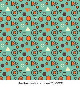 Trendy abstract geometric seamless pattern. Retro 80s or 90s memphis style. Vector hipster background with hexagons, triangles, circles.