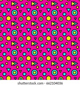 Trendy abstract geometric seamless pattern. Retro 80s or 90s memphis style. Pink background with hexagons, triangles, circles.