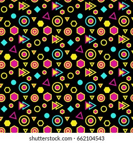 Trendy abstract geometric seamless pattern. Retro 80s or 90s memphis style. Dark background with colorful hexagons, triangles, circles.