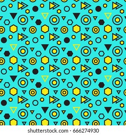 Trendy abstract geometric seamless pattern. Retro 80s or 90s memphis style. Vector blue background with yellow hexagons, triangles, circles.