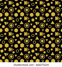 Trendy abstract geometric seamless pattern. Retro  style. Vector hipster dark background with golden hexagons, triangles, circles