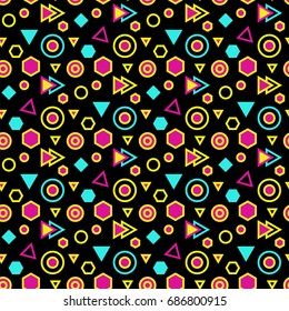 Trendy abstract geometric seamless pattern. Memphis style. Vector dark background with bright hexagons, triangles, circles.