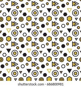 Trendy abstract geometric seamless pattern. Retro 80s or 90s memphis style. Vector hipster background with hexagons, triangles, circles