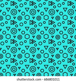 Trendy abstract geometric seamless pattern.. Vector blue  background with  hexagons, triangles, circles.