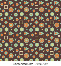 Trendy abstract geometric seamless pattern. Retro 80s or 70s  style. Vector dark background with hexagons, triangles, circles.