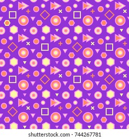 Trendy abstract geometric seamless pattern. Retro 80s or 90s memphis style. Vector dark background with hexagons, triangles, circles.