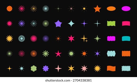 Conjunto de forma geométrica Abstractas de moda. Coloridos marcos, etiquetas y Elementos de diseño funky en estilo retro moderno de los años 90 - 2000. Flor, estrella, onda, corazón, círculo, espiral - Elementos para el diseño de carteles