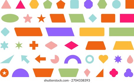 Conjunto de forma geométrica Abstractas de moda. Coloridos marcos, etiquetas y Elementos de diseño funky en estilo retro moderno de los años 90 - 2000. Flor, estrella, onda, corazón, círculo, espiral - Elementos para el diseño de carteles