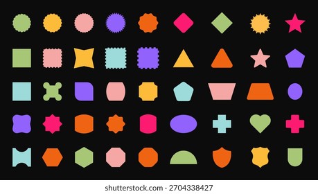 Conjunto de forma geométrica Abstractas de moda. Coloridos marcos, etiquetas y Elementos de diseño funky en estilo retro moderno de los años 90 - 2000. Flor, estrella, onda, corazón, círculo, espiral - Elementos para el diseño de carteles