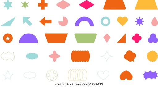 Conjunto de forma geométrica Abstractas de moda. Coloridos marcos, etiquetas y Elementos de diseño funky en estilo retro moderno de los años 90 - 2000. Flor, estrella, onda, corazón, círculo, espiral - Elementos para el diseño de carteles