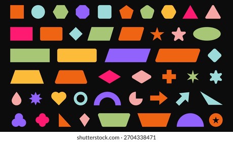 Conjunto de forma geométrica Abstractas de moda. Coloridos marcos, etiquetas y Elementos de diseño funky en estilo retro moderno de los años 90 - 2000. Flor, estrella, onda, corazón, círculo, espiral - Elementos para el diseño de carteles