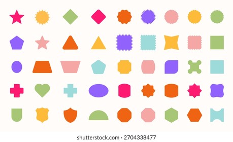 Conjunto de forma geométrica Abstractas de moda. Coloridos marcos, etiquetas y Elementos de diseño funky en estilo retro moderno de los años 90 - 2000. Flor, estrella, onda, corazón, círculo, espiral - Elementos para el diseño de carteles