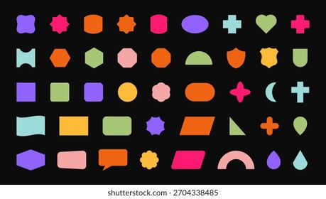 Trendy Abstract Geometric Shape Set. Colorful Funky Frames, Labels, and Design Elements in Retro Modern 90s - 2000s style. Flower, star, wave, heart, circle, spiral - Elements for posters design