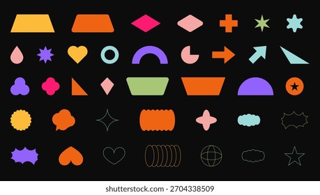 Conjunto de forma geométrica Abstractas de moda. Coloridos marcos, etiquetas y Elementos de diseño funky en estilo retro moderno de los años 90 - 2000. Flor, estrella, onda, corazón, círculo, espiral - Elementos para el diseño de carteles