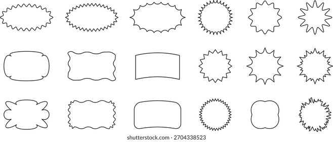 Trendy Abstract Geometric Shape Set. Colorful Funky Frames, Labels, and Design Elements in Retro Modern 90s - 2000s style. Flower, star, wave, heart, circle, spiral - Elements for posters design