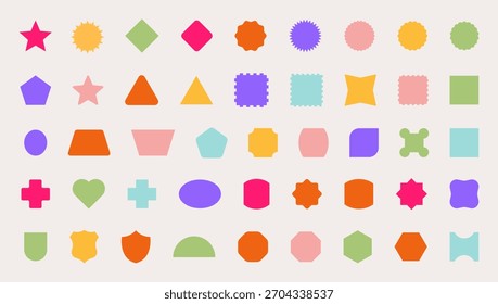 Conjunto de forma geométrica Abstractas de moda. Coloridos marcos, etiquetas y Elementos de diseño funky en estilo retro moderno de los años 90 - 2000. Flor, estrella, onda, corazón, círculo, espiral - Elementos para el diseño de carteles
