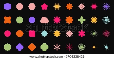 Trendy Abstract Geometric Shape Set. Colorful Funky Frames, Labels, and Design Elements in Retro Modern 90s - 2000s style. Flower, star, wave, heart, circle, spiral - Elements for posters design