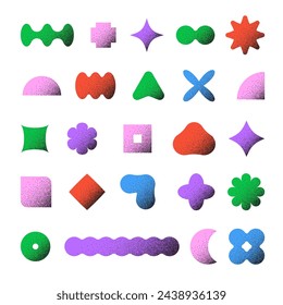 Trendy abstract geometric shapes set. Textured brutalist forms with halftone dots. Colorful vector graphic elements