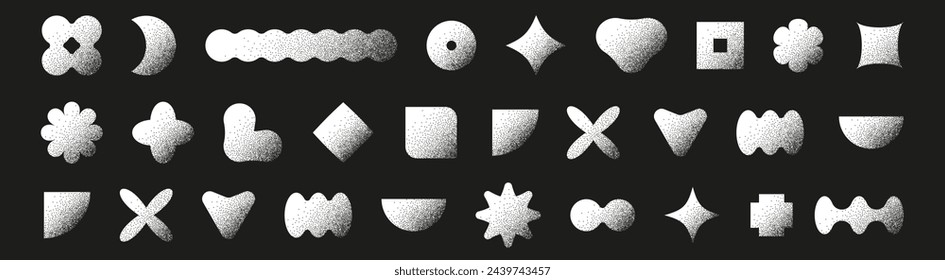 Conjunto de formas geométricas abstractas de moda. Formas brutalistas texturizadas con puntos de semitonos. Elementos gráficos vectoriales en blanco y negro