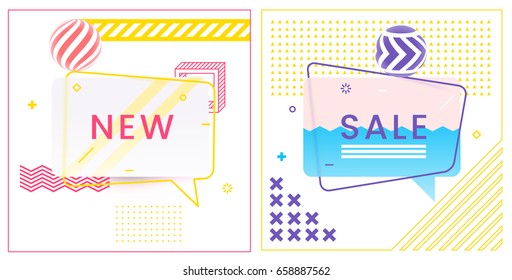 Trendy Abstract Geometric Vector Bubbles. New and Sale. Vivid Transparent Banners in Retro Poster Design Style. Vintage Colors and Shapes. Red, Yellow and Violet colors.