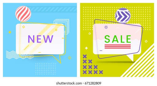Trendy Abstract Geometric Vector Bubbles. New and Sale. Vivid Transparent Banners in Retro Poster Design Style. Vintage Colors and Shapes in M