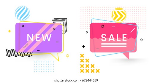 Trendy Abstract Geometric Vector Bubbles. New and Sale. Vivid Transparent Banners in Retro Poster Design Style. Vintage Colors and Shapes in Memphis Style. Blue, Red, Pink, Yellow and Violet colors.