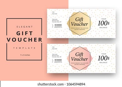 Trendy abstract gift voucher card templates. Modern discount coupon or certificate layout with artistic stroke pattern. Vector fashion bright background design with information sample text. 