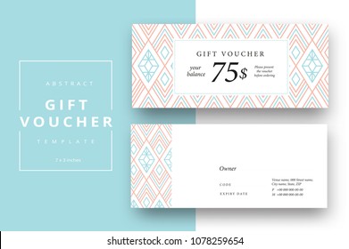 Trendy abstract gift voucher card templates. Modern discount coupon or certificate layout with artistic stroke pattern. Vector fashion bright background design with information sample text. 