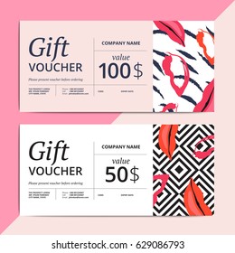 Trendy abstract gift voucher card templates. Modern luxury discount coupon or certificate layout with artistic brush stroke pattern. Vector fashion background design with information sample text. svg