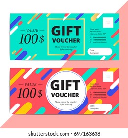 Trendy abstract gift voucher card templates. Modern discount coupon or certificate layout with artistic stroke pattern. Vector fashion bright background design with information sample text. 