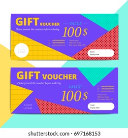 Trendy abstract gift voucher card templates. Modern discount coupon or certificate layout with memphis style pattern. Vector fashion bright background design with information sample text. 