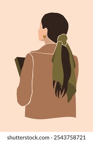 trendy abstract a girl boss in a coat with a book, academia aesthetic, confident beautiful business woman back view no face portrait, scarf on long hair, isolated vector illustration