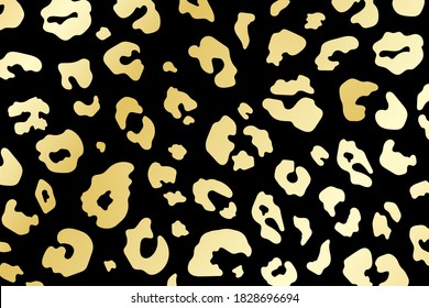 Trendy abstract golden leopard background. Wild animal cheetah skin gold metallic texture on black background for fashion print design, cover, wallpaper, flyer, social media. Vector illustration.