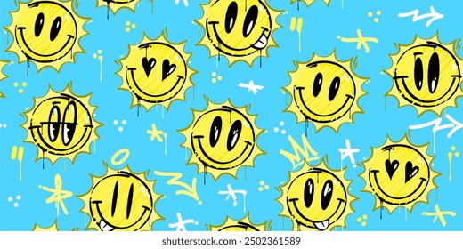 Trendy Abstract Graffiti Style Happy Smiling Suns On the Sky Seamless Background Template