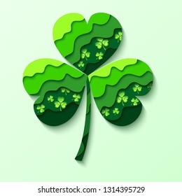 Trendy abstract green cutting leaf clover isolated on white background. Paper art style. Element of graphic design for St. Patricks day. Stylish creative modern icon shamrock. Vector illustration 