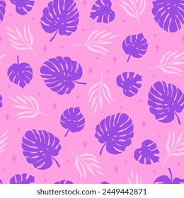 Trendy abstract hand drawn palm leaves seamless pattern. Vector retro pink and violet tropical leaf print for fabric, summer decor, wrapping paper.