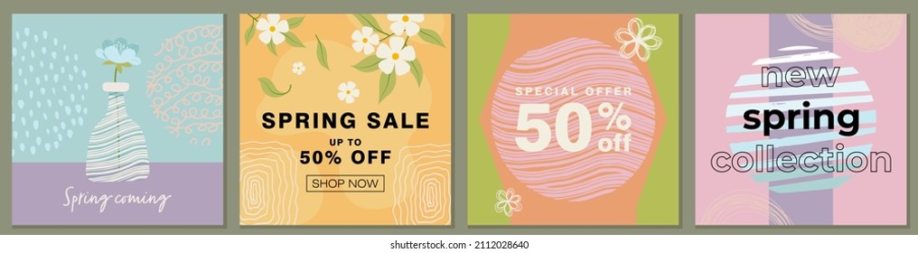 Trendy abstract hand drawn square social media post. Spring sale banner. Vector illustration