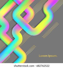 Trendy abstract holographic lines. Colorful poster. Geometric twisted tubes on gray background.