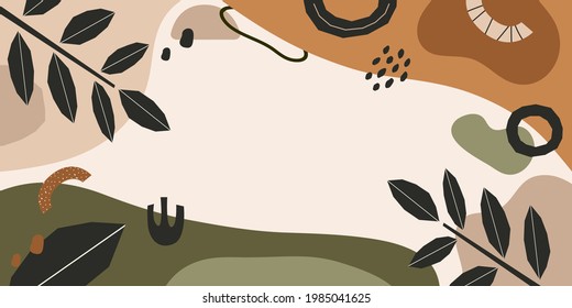 Fondo horizontal abstracto de moda con hojas y objetos de doodle con lugar para texto. Colorido vector simple fondo para salón de belleza, pancartas y carteles	