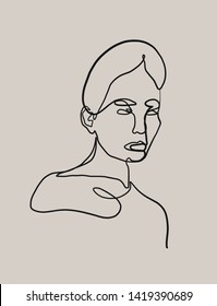 Trendy abstraktes menschliches Gesicht.Eine durchgehende Linienzeichnung. Ästhetisches pastellfarbenes modernes Design für Poster, Karte, Druck, Wandkunst. Beauty Mode Vintage Konzert 