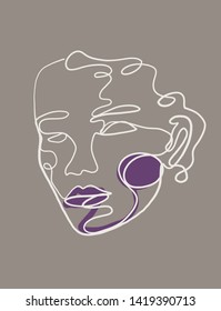 Trendy abstract human face. One continuous line drawing. Aesthetic pastel modern design for poster, card, print, wall art. Outline hand drawn vector illustration. Beauty fashion vintage concert 