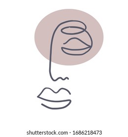 El rostro humano abstracto de moda. Un plano de línea continua. Diseño estético de diseño moderno en tonos pastel para carteles, tarjetas, impresiones, paredes de arte. Dibujo de eslabones de ilustraciones vectoriales a mano. Concierto de moda y moda 