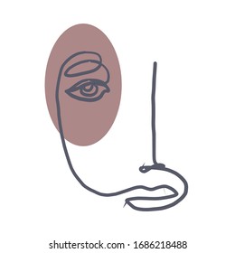 Trendy abstract human face. One continuous line drawing. Aesthetic pastel modern design for poster, card, print, wall art. Outline hand drawn vector illustration. Beauty fashion vintage concert 